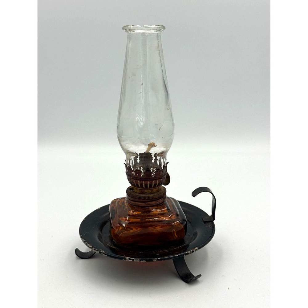 Vintage Small Amber Glass Wick Oil Lamp Lantern w/ Clear Chimney Black Metal